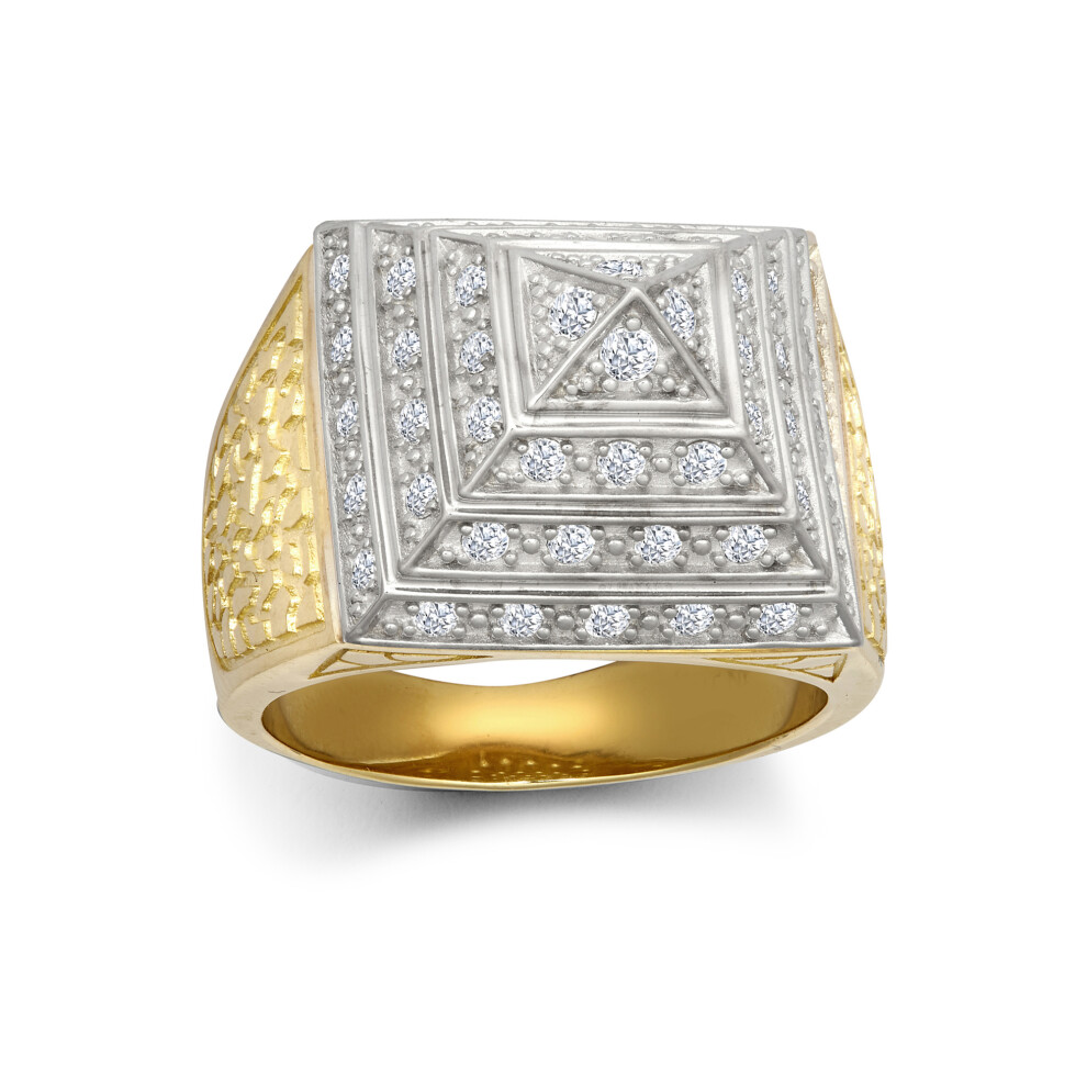 (S) Jewelco London Men's 9ct Yellow and White Gold White Cubic Zirconia Egyptian Pyramid 1/2oz 20mm Signet Ring - JRN563