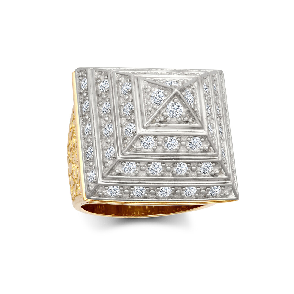 (X) Jewelco London Men's Solid 9ct Yellow and White Gold White Round Brilliant Cubic Zirconia Egyptian Pyramid 1 1/2oz 30mm Signet Ring - JRN565