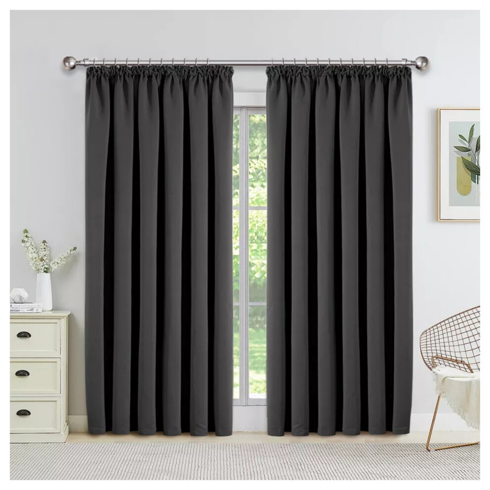 (66"X72", Grey) Blackout Pencil Pleat Curtains Ready Made Pair