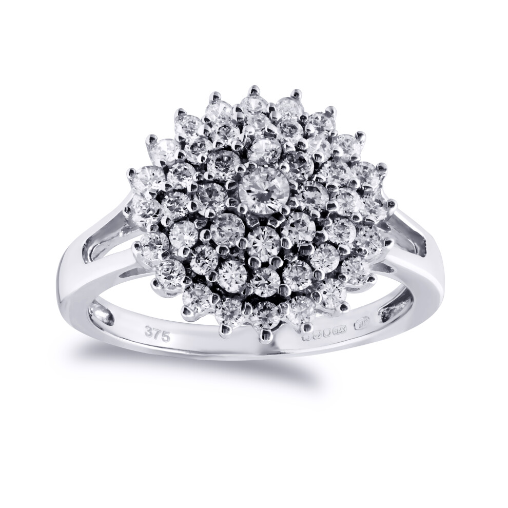 (P) Jewelco London Ladies Solid 9ct White Gold White Round Brilliant Cubic Zirconia 4 Row Circle Cluster Cocktail Ring