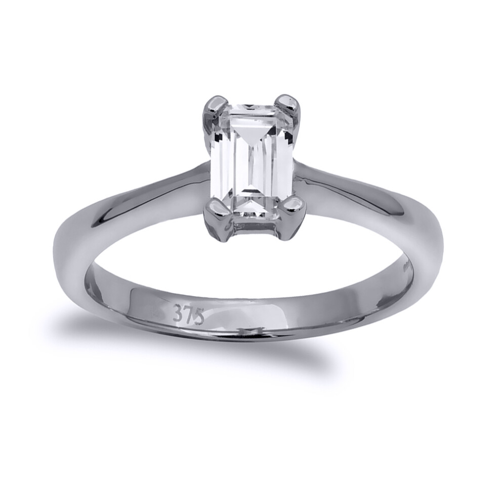 (O) Jewelco London Ladies Solid 9ct White Gold White Emerald Cut Cubic Zirconia Solitaire Engagement Ring