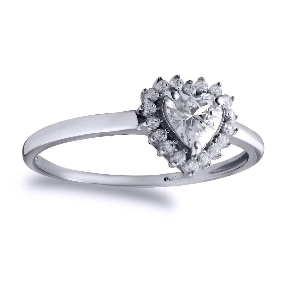 (N) Jewelco London Ladies Solid 9ct White Gold White Heart Cubic Zirconia Love Heart Halo Cluster Ring