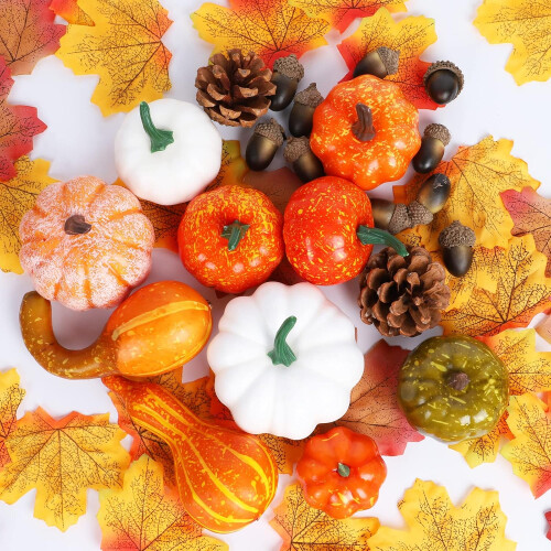 YANGTE 86Pcs Autumn Decorations Pumpkins set Halloween Decorations Artificial Mini Pumpkins Fake Maple Leaves Acorns Gourds for Fall Home