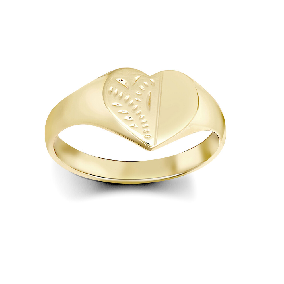 (J) Jewelco London Ladies Solid 9ct Yellow Gold Diamond Cut Love Heart Signet Ring