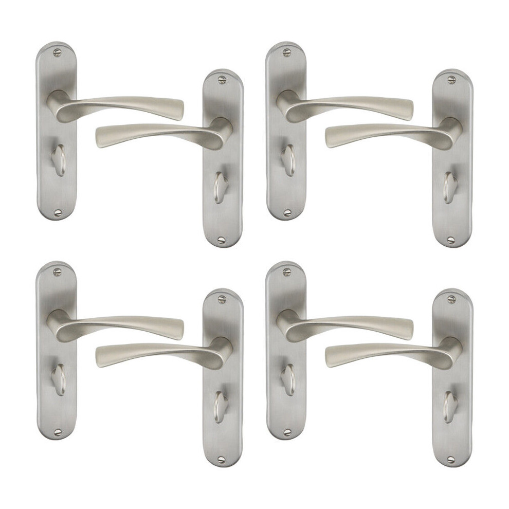 (4x Satin Nickel Bathroom) 4/6Pcs Lyon Metal Door Lever Handles Set, Fire, Stain Scratch-Resistant for All Type Interior Exterior Door w/ Easy Install Tool 120mm x 52mm Dia﻿
