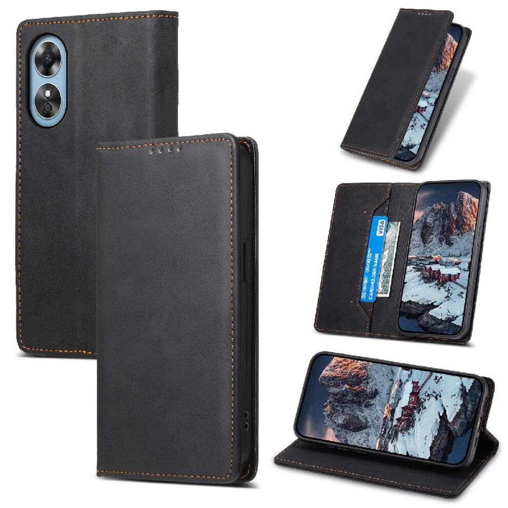 (Black) Flip Case For Oppo A17 Business Casual Kickstand Card Slot Tpu Shockproof Black 764762793098