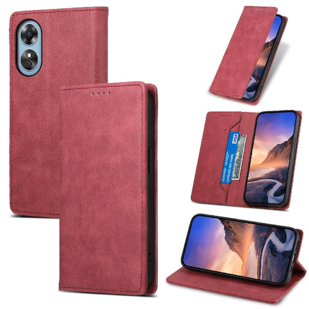 (Red) Flip Case For Oppo A17 Business Casual Kickstand Card Slot Tpu Shockproof Red 764762793081