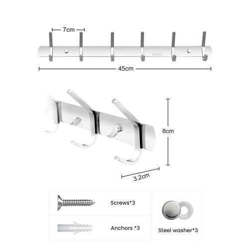 (6 Hooks) Coat Hooks Wall Mounted Stainless Steel Rack 2