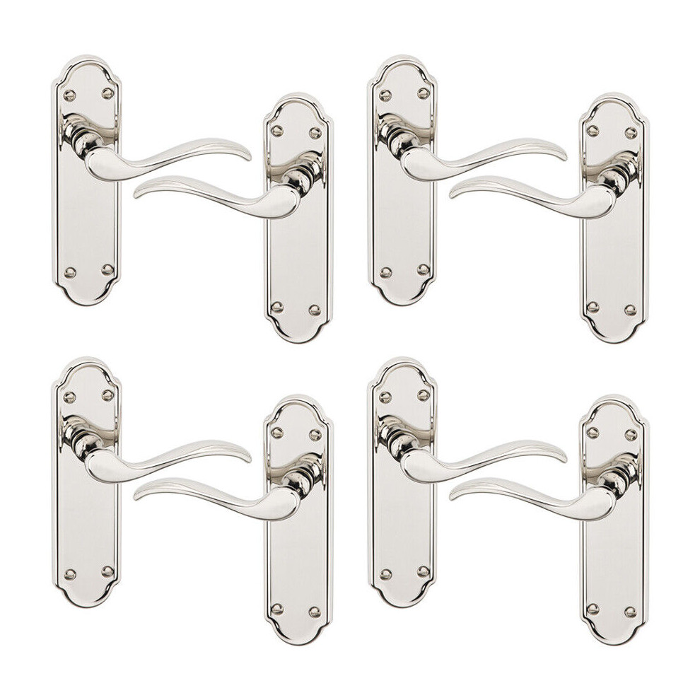 (Plain Polished Nickel x4) 4/6Pcs Lisbon Metal Door Easy Fittings Lever Handles Set, Fire Stain Scratch-Resistant for All Interior Exterior Door w/ Ea