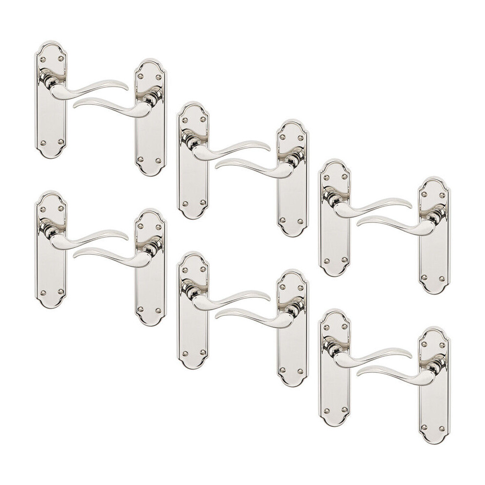 (Plain Polished Nickel x6) 4/6Pcs Lisbon Metal Door Easy Fittings Lever Handles Set, Fire Stain Scratch-Resistant for All Interior Exterior Door w/ Ea