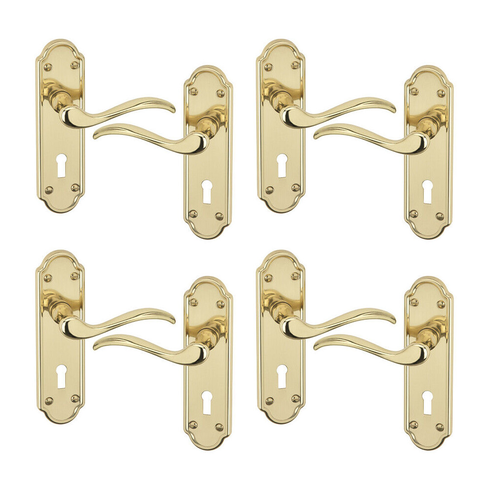 (Keyhole Polished Brass x4) 4/6Pcs Lisbon Metal Door Easy Fittings Lever Handles Set, Fire Stain Scratch-Resistant for All Interior Exterior Door w/ Easy Install Tool 103 x 41mm