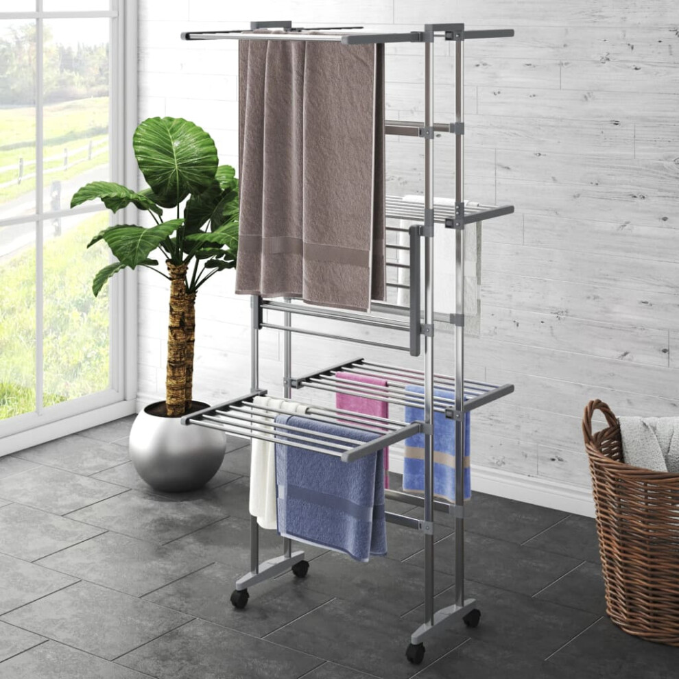 vidaXL 3-Tier Laundry Drying Rack with Wheels Silver 60x70x129 cm