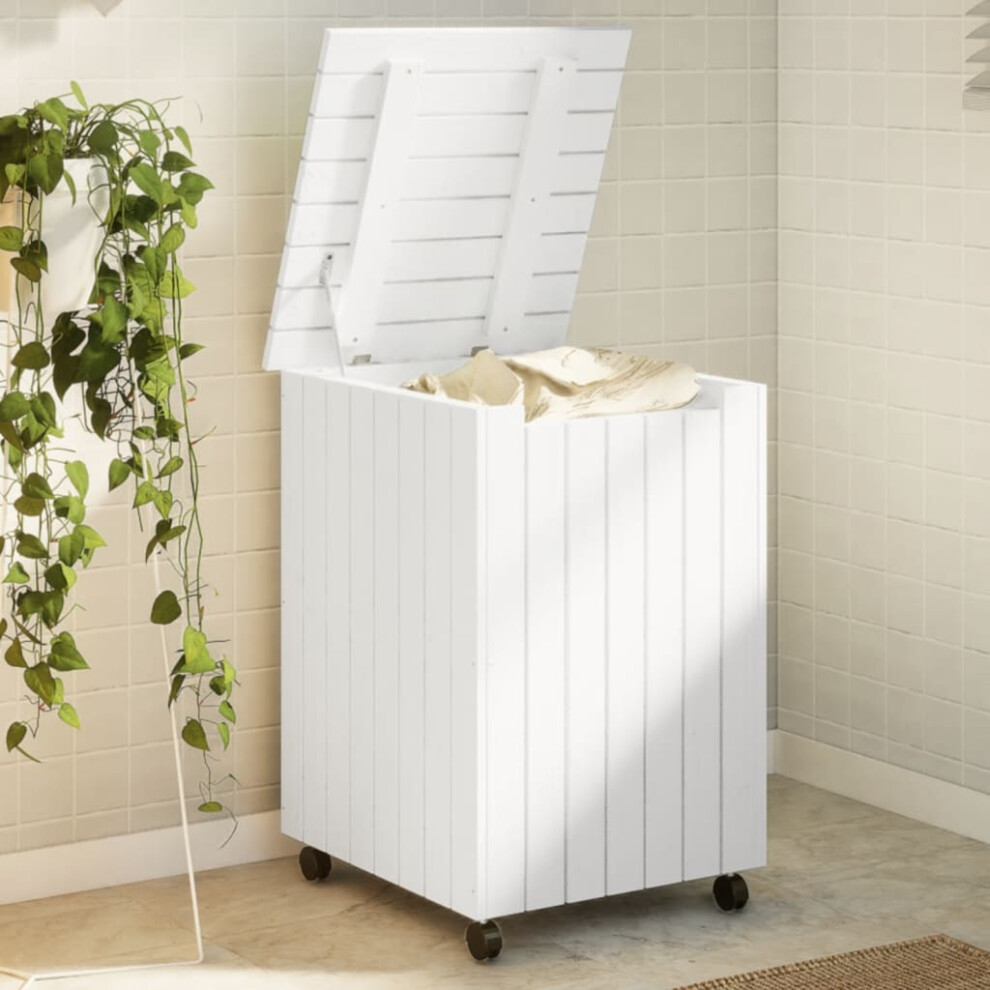 vidaXL Laundry Basket with Wheels Wash Hamper Organiser White Solid Wood Pine