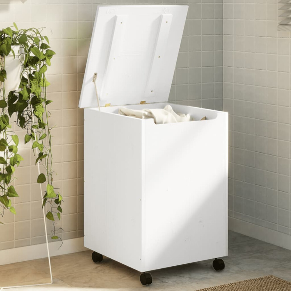 vidaXL White Pine Laundry Basket with Wheels - Solid Wood Hamper with Lid, Dust & Odour Protection (4002342)