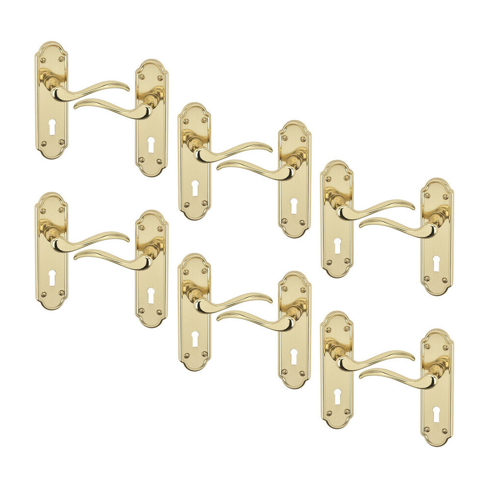 (Keyhole Polished Brass x6) 4/6Pcs Lisbon Metal Door Easy Fittings Lever Handles Set, Fire Stain Scratch-Resistant for All Interior Exterior Door w/ E