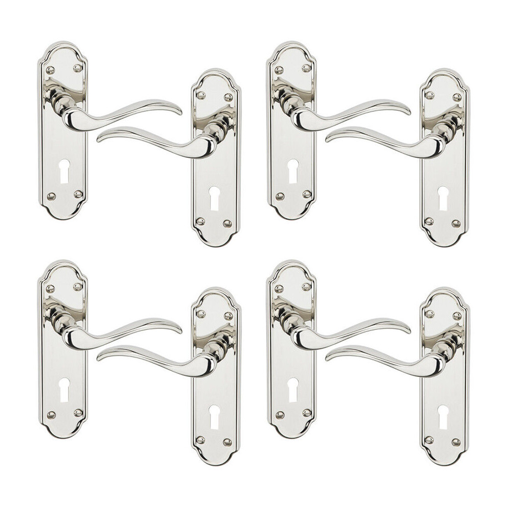 (Keyhole Polished Nickel x4) 4/6Pcs Lisbon Metal Door Easy Fittings Lever Handles Set, Fire Stain Scratch-Resistant for All Interior Exterior Door w/