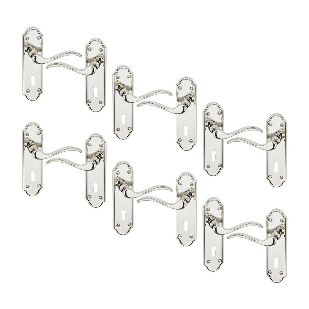 (Keyhole Polished Nickel X6) 4/6Pcs Lisbon Metal Door Easy Fittings Lever Handles Set, Fire Stain Scratch-Resistant For All Interior Exterior Door W/ 5063536044578