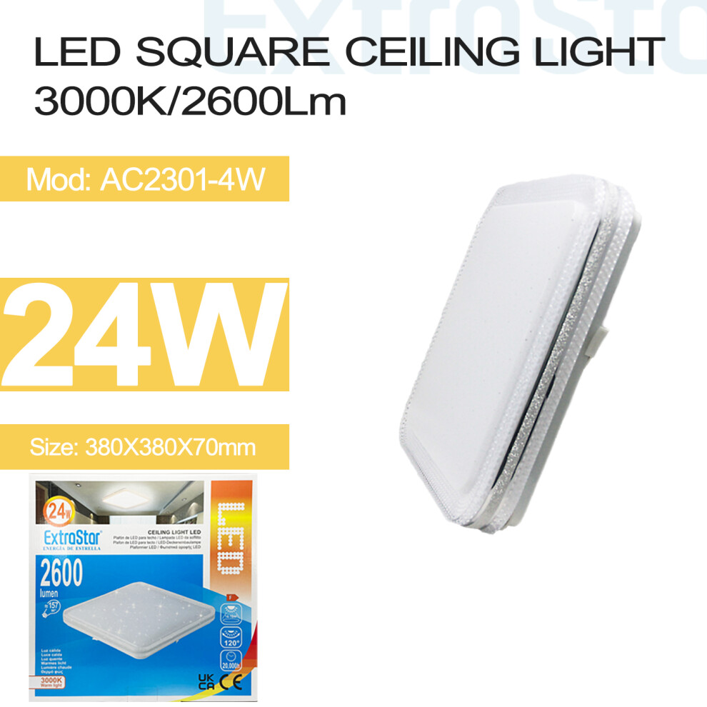 24W LED Square Ceiling Light 3000K, 2600 Lumen