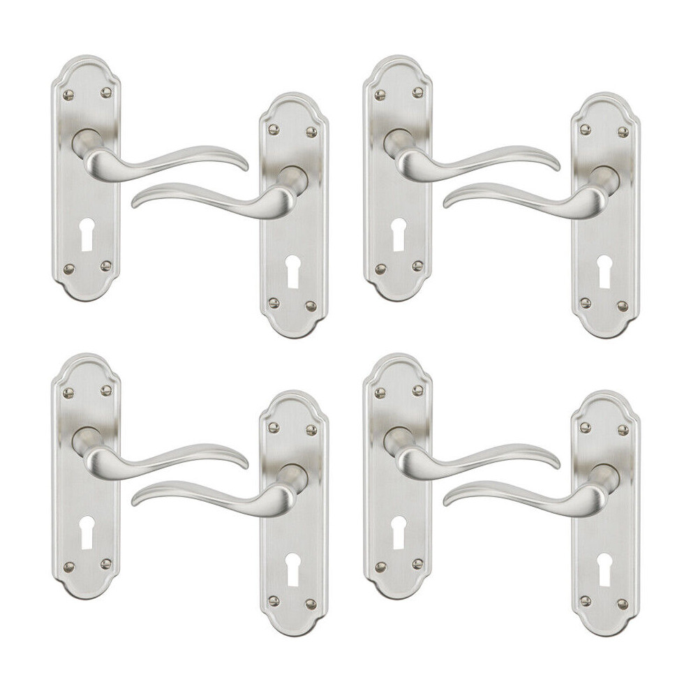 (Keyhole Satin Nickel x4) 4/6Pcs Lisbon Metal Door Easy Fittings Lever Handles Set, Fire Stain Scratch-Resistant for All Interior Exterior Door w/ Eas