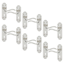 (Keyhole Satin Nickel x6) 4/6Pcs Lisbon Metal Door Easy Fittings Lever Handles Set, Fire Stain Scratch-Resistant for All Interior Exterior Door w/ Easy Install Tool 103 x 41mm