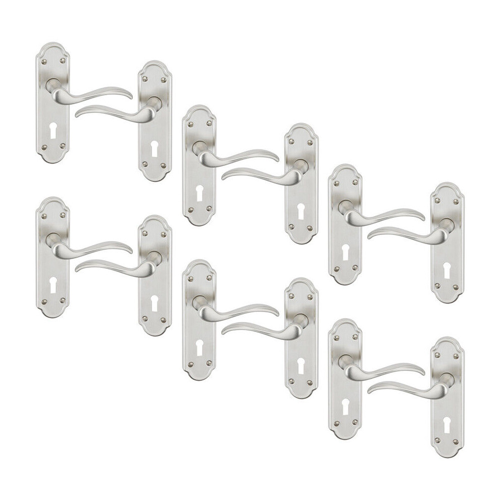 (Keyhole Satin Nickel x6) 4/6Pcs Lisbon Metal Door Easy Fittings Lever Handles Set, Fire Stain Scratch-Resistant for All Interior Exterior Door w/ Eas