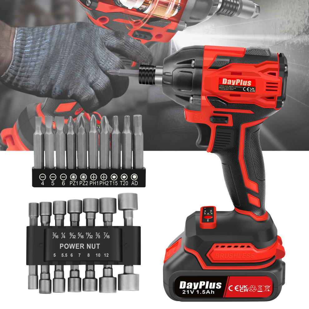 Electric Cordless Bolt Driver 1/2 Driver Brushless Power Impact Gun with 1500mAh Battery 2200rpm 320N.m with 14 Sockets and 10pcs Screwdriver Bits