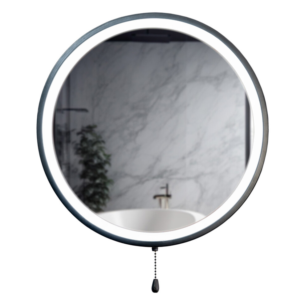 Matt Black Round Battery Operated IP44 Mirror with Pull Switch