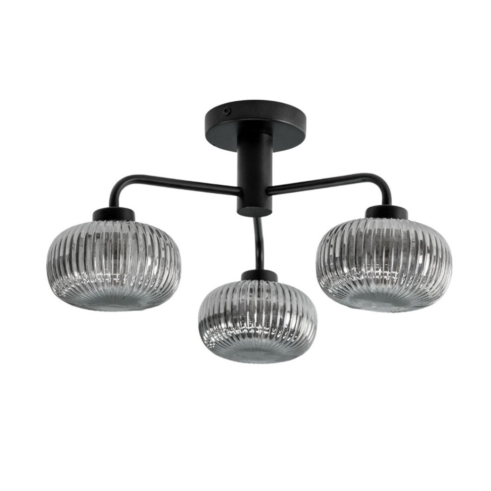 Amaia Black IP44 3 Way Bathroom Smoked Ribbed Glass Ceiling Light