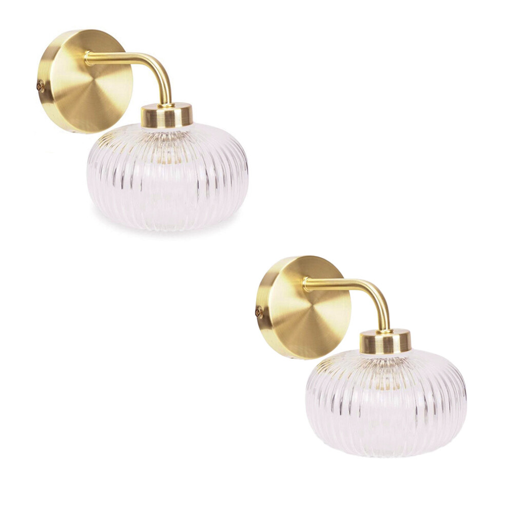 Amaia Pair of Gold IP44 Bathroom Clear Ribbed Glass Wall Lights