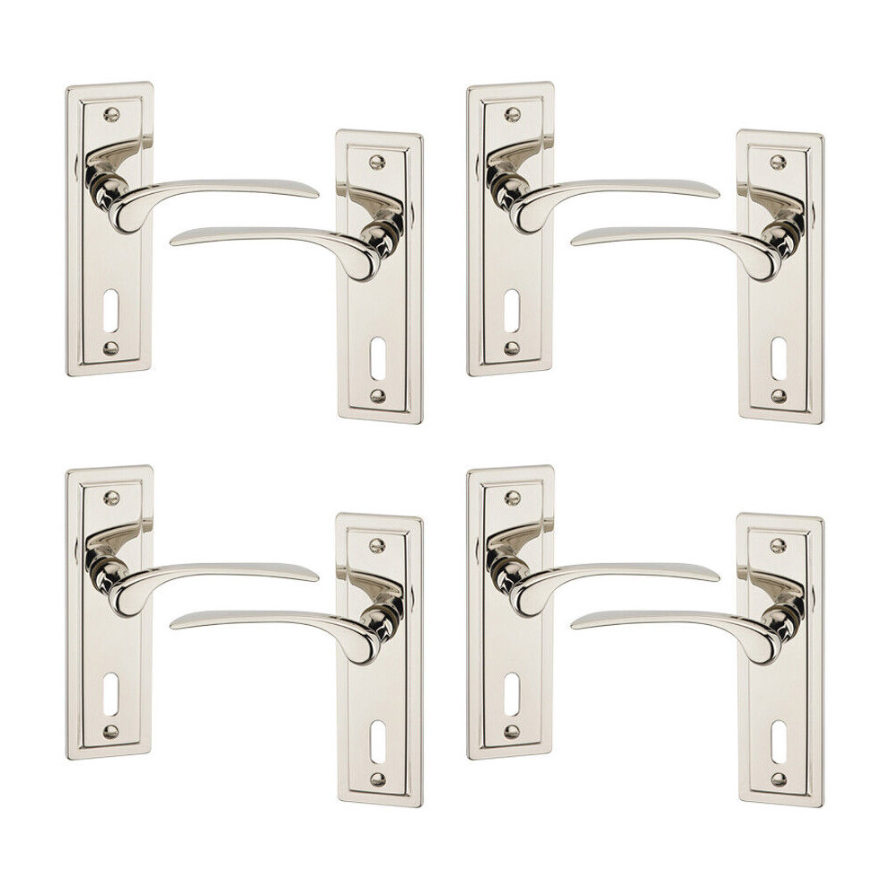 (4x Polished Nickel Keyhole) 4/6Pcs Como Metal Door Easy Fits Lever Handles Polish Satin Rose Round Set, Fire Stain Scratch Resistant for All Doors, E