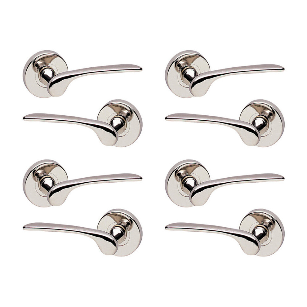 (4x Polished Nickel Rose) 4/6Pcs Como Metal Door Easy Fits Lever Handles Polish Satin Rose Round Set, Fire Stain Scratch Resistant for All Doors, Easy