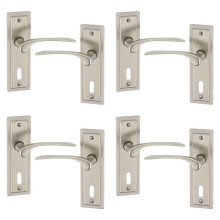 (4x Satin Nickel Keyhole) 4/6Pcs Como Metal Door Easy Fits Lever Handles Polish Satin Rose Round Set, Fire Stain Scratch Resistant for All Doors, Easy Install Tool 105 x 52mm