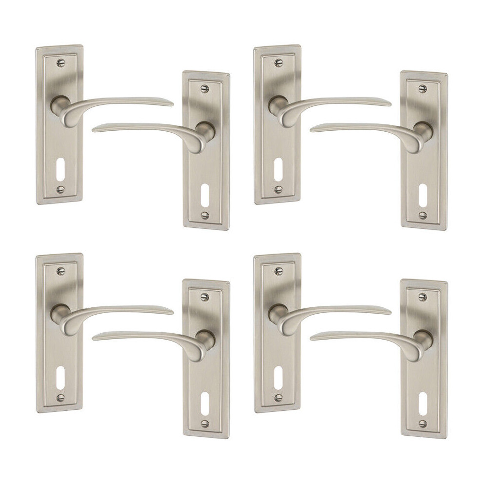 (4x Satin Nickel Keyhole) 4/6Pcs Como Metal Door Easy Fits Lever Handles Polish Satin Rose Round Set, Fire Stain Scratch Resistant for All Doors, Easy