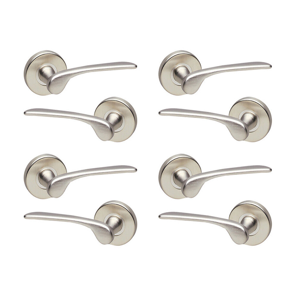 (4x Satin Nickel Rose) 4/6Pcs Como Metal Door Easy Fits Lever Handles Polish Satin Rose Round Set, Fire Stain Scratch Resistant for All Doors, Easy In