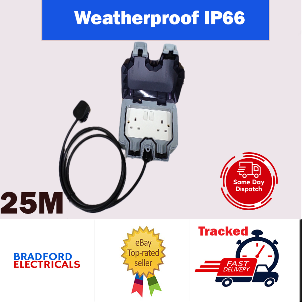 (Weatherproof Outdoor Socket Waterproof Socket 25M Extension Lead IP66 Wall Electrical Outlet 13Amp 2 Gang Power Garden O) Outdoor Socket 2 Gang Vario