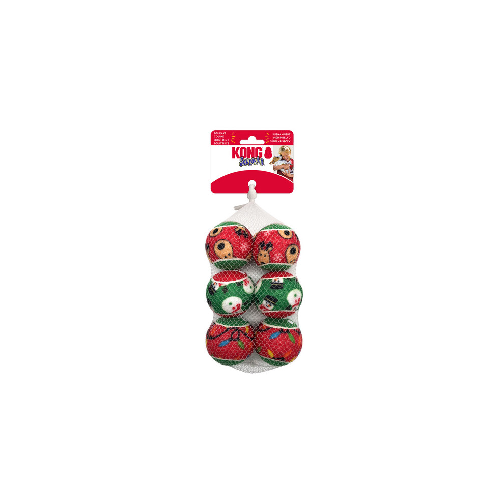 Kong Holiday Squeakair Balls 6Pk Medium - Squeaky, Non-Abrasive Tennis Balls For Fetch & Holiday Fun
