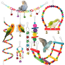 PETHEE 8 Pack Budgie Bird Toys Set Bird Swing Chew Toys Bells Hanging Mirror Climbing Ladders Wooden Chewing Toy Parrot Conure Cockatiel Lovebird