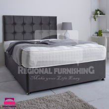 (Small Double-4ft (With 4 Drawers), Grey Plush) DIVAN BED SET PLUSH VELVET 26" CUBIC HEADBOARD+ORTHOPAEDIC MATTRESS