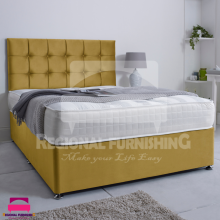 (Small Double-4ft (With 4 Drawers), Mustard Plush) DIVAN BED SET PLUSH VELVET 26" CUBIC HEADBOARD+ORTHOPAEDIC MATTRESS