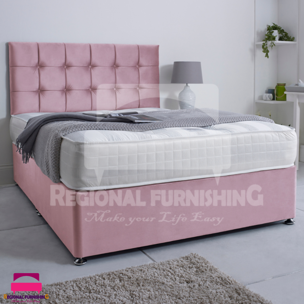 (Double-4ft6(With 2 Drawers Footend side), Pink Plush) DIVAN BED SET PLUSH VELVET 26" CUBIC HEADBOARD+ORTHOPAEDIC MATTRESS