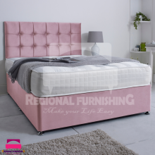(King-5ft (With 2 Drawers Footend side), Pink Plush) DIVAN BED SET PLUSH VELVET 26" CUBIC HEADBOARD+ORTHOPAEDIC MATTRESS