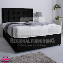 (Superking-6ft (With 4 Drawers), Black Plush) DIVAN BED SET PLUSH VELVET 26" CUBIC HEADBOARD+ORTHOPAEDIC MATTRESS
