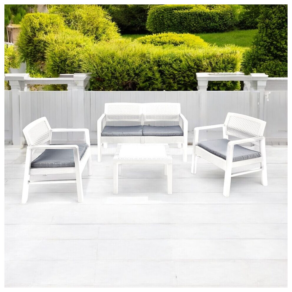 (White with Cushions) 4 Pcs Rattan Garden Furniture Lounge Set Sofa Arm Chairs Side Table Outdoor Patio