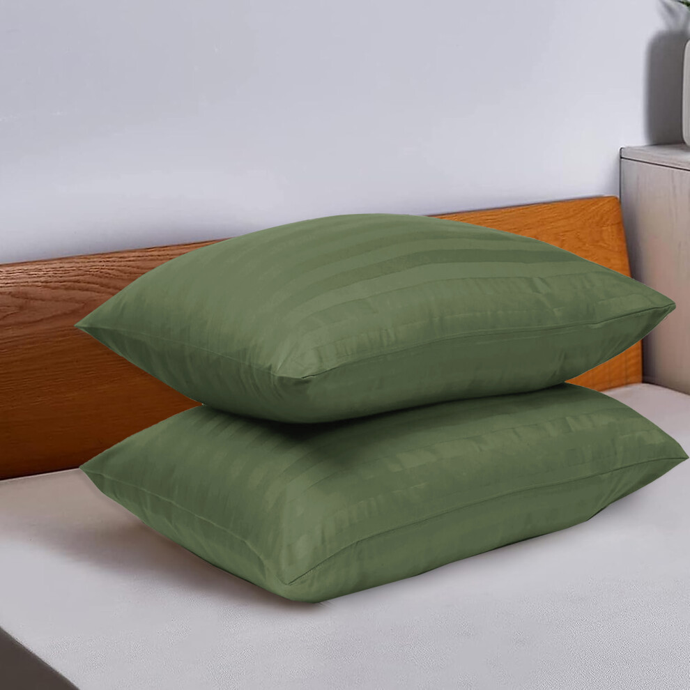 (Olive Green Stripe) Plain Pillowcase Pair Stripe Silk Pillow Cover Set