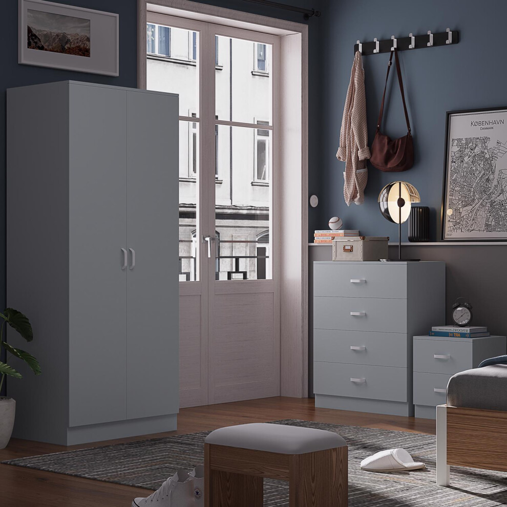 Tunis 2 Door Wardrobe Matt Grey Bedroom Furniture Cupboard Metal T-Bar Handles