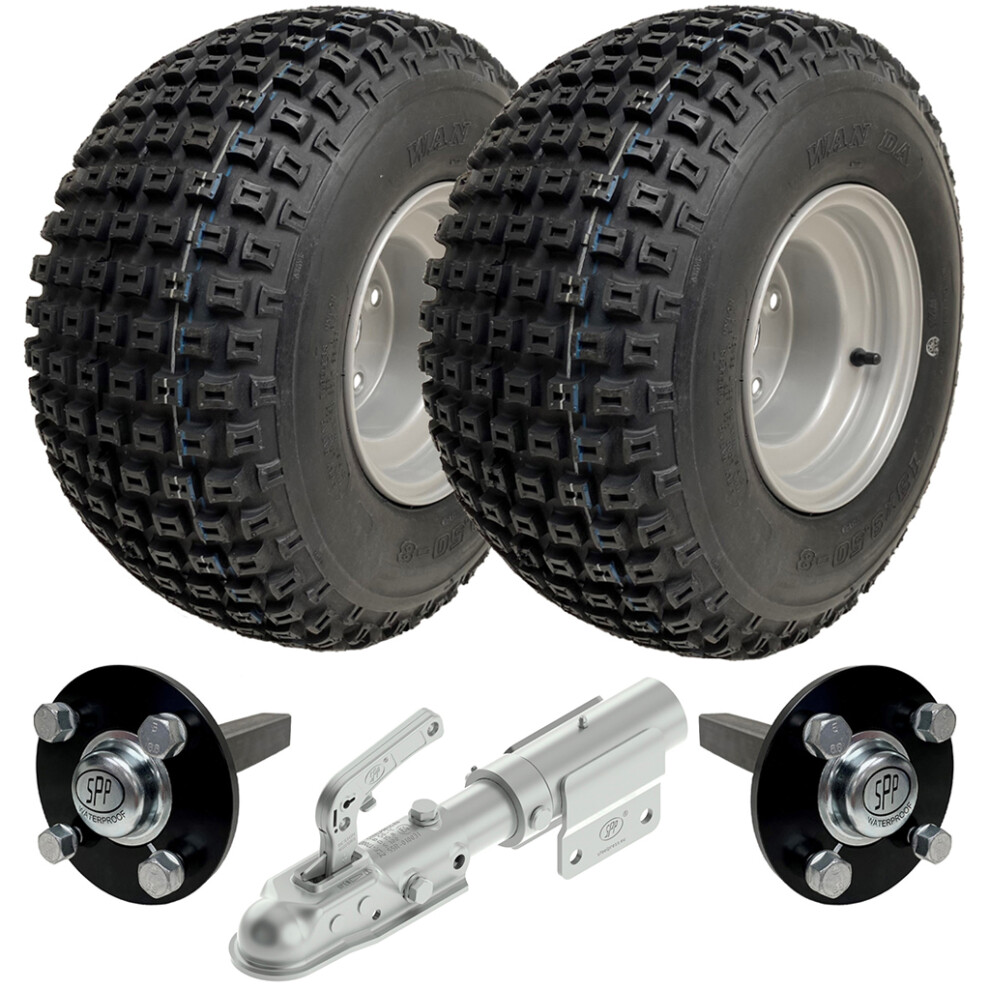 18x9.50-8 ATV Quad Trailer Kit Knobby Wheels Hub & Stub Axles Swivel Hitch 204kg