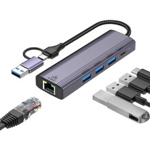 USB C HUB, 5 in 1 USB-C/USB 3.0 Dual Adapter Docking Station, with USB Port, USB-C Port/PD, Gigabit Ethernet, Multi-Port USB C Adapter Type C Laptops