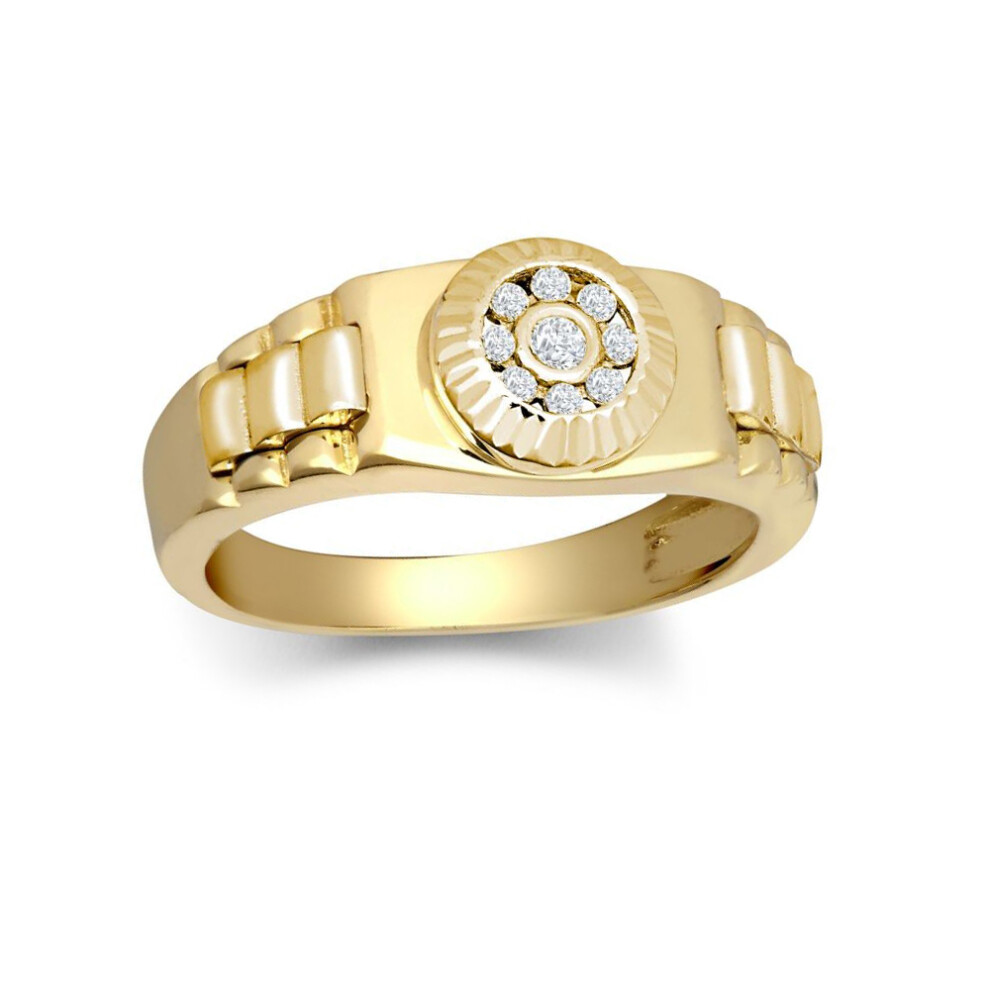 (C) Jewelco London Kids Solid 9ct Yellow Gold White Round Brilliant Cubic Zirconia Fluted Sunburst Bezel Watch Strap Cluster Solitaire Ring - JBR033