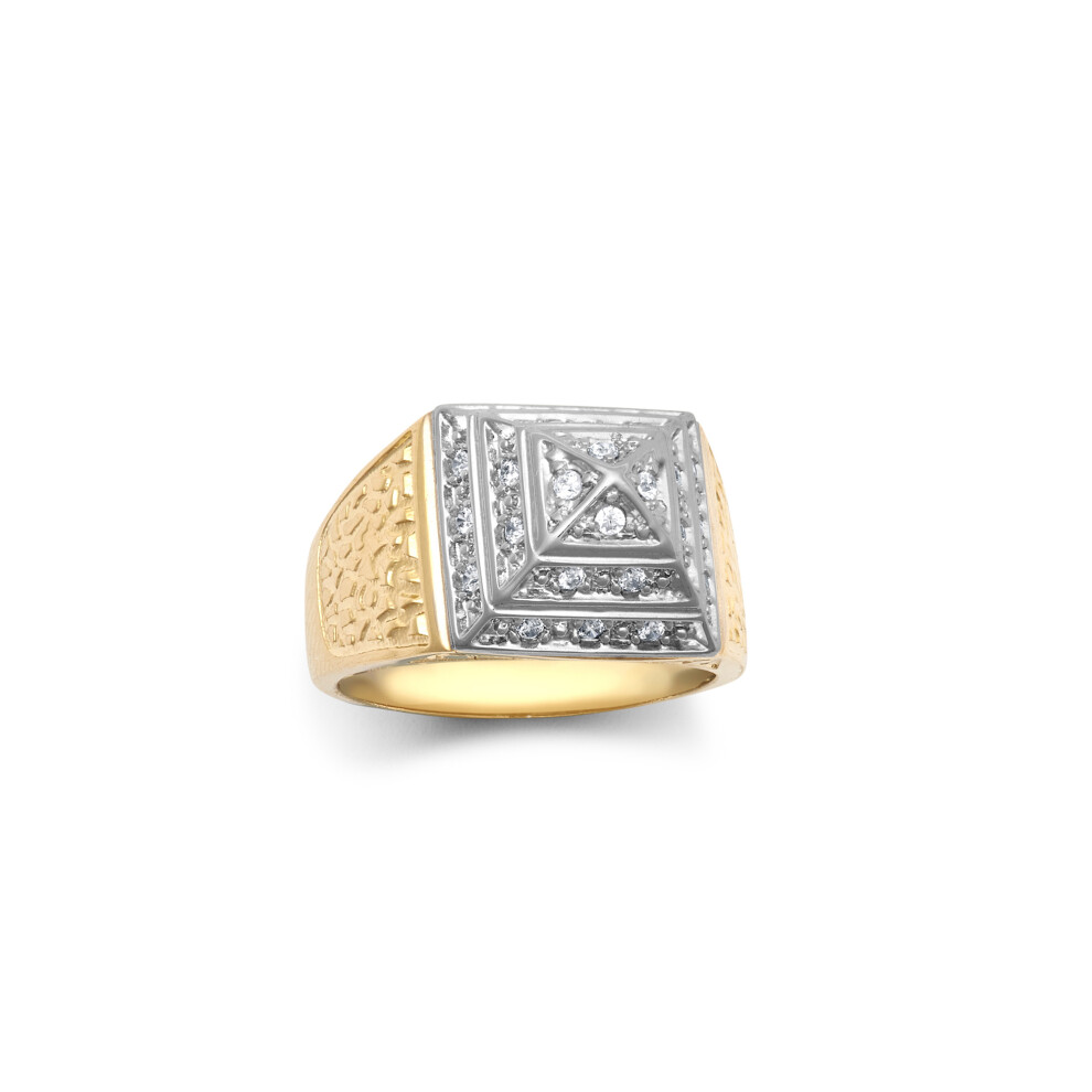 (C) Jewelco London Kids Solid 9ct Yellow and White Gold White Round Brilliant Cubic Zirconia Egyptian Pyramid 10mm Signet Ring - JBR036