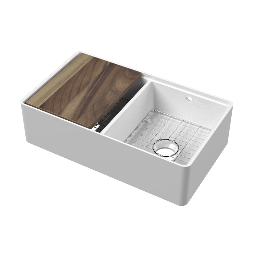 Fireclay Double Bowl Kitchen Sink with Thin Edge, Flush Weir and Overflows, Work Station and Grid - 795mm - Balterley